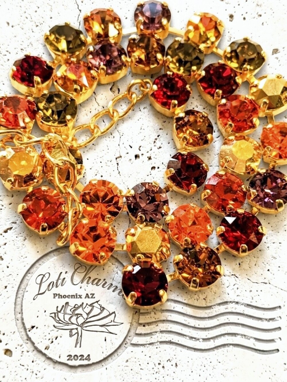 Swarovski Crystal Autumn Harvest Colors: Red, Orange, Yellows In Gold Necklace